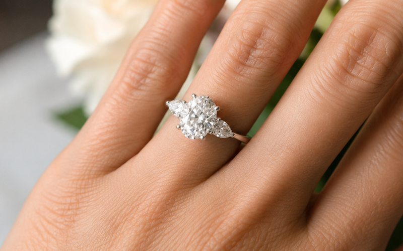 A finished Primo Diamonds engagement ring being worn