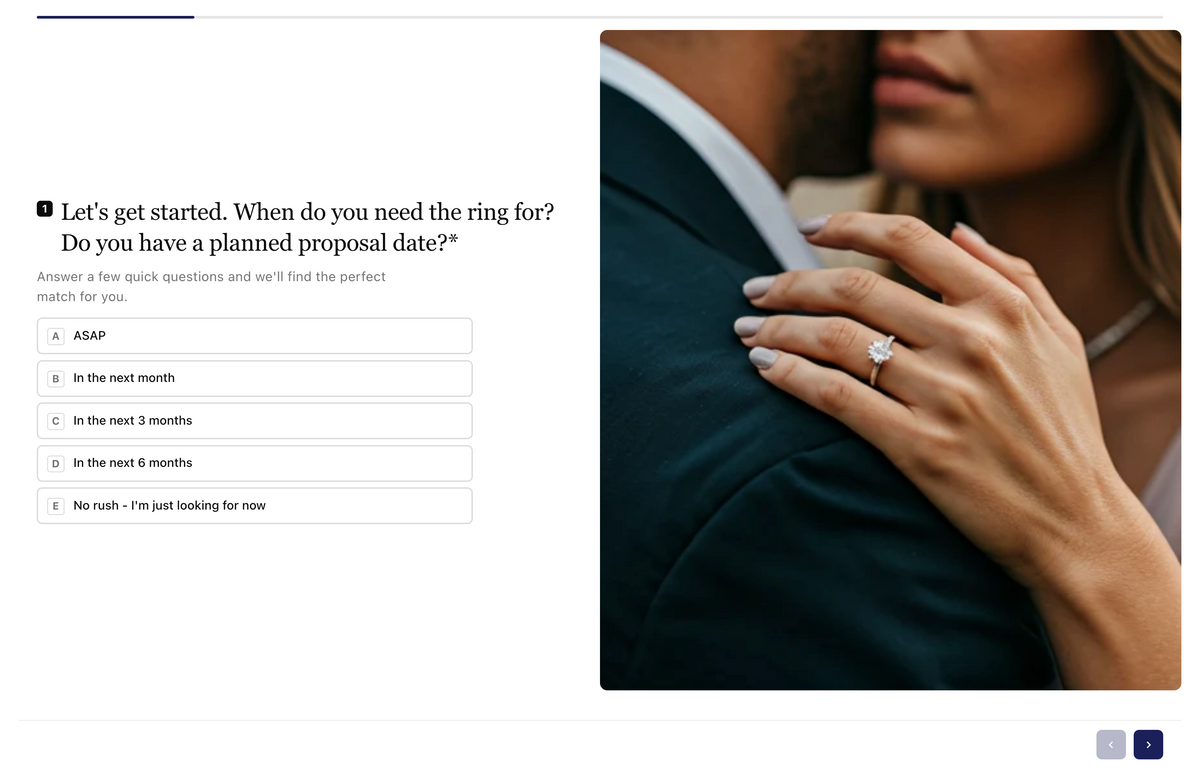 Ring Finder quiz showing diamond shape selection and personalised ring recommendation