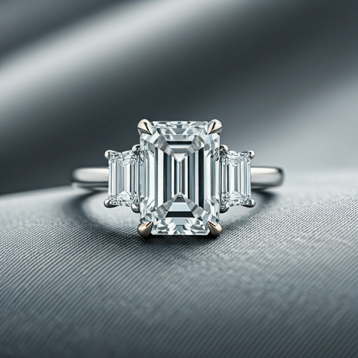 Bespoke emerald-cut trilogy engagement ring on a dark backdrop